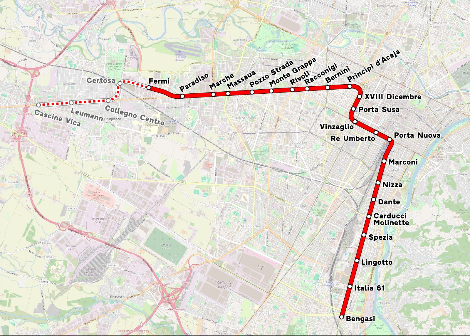 Mappa della metropolitana di Torino: la Linea 1 da Fermi a Bengasi